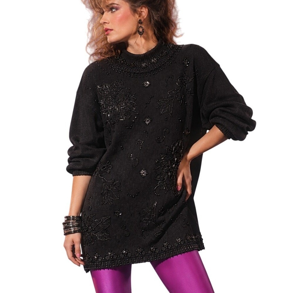 SML Sport Ltd Sweater Tunic Women M Black NWT Embellished Vintage 80s Deadstock